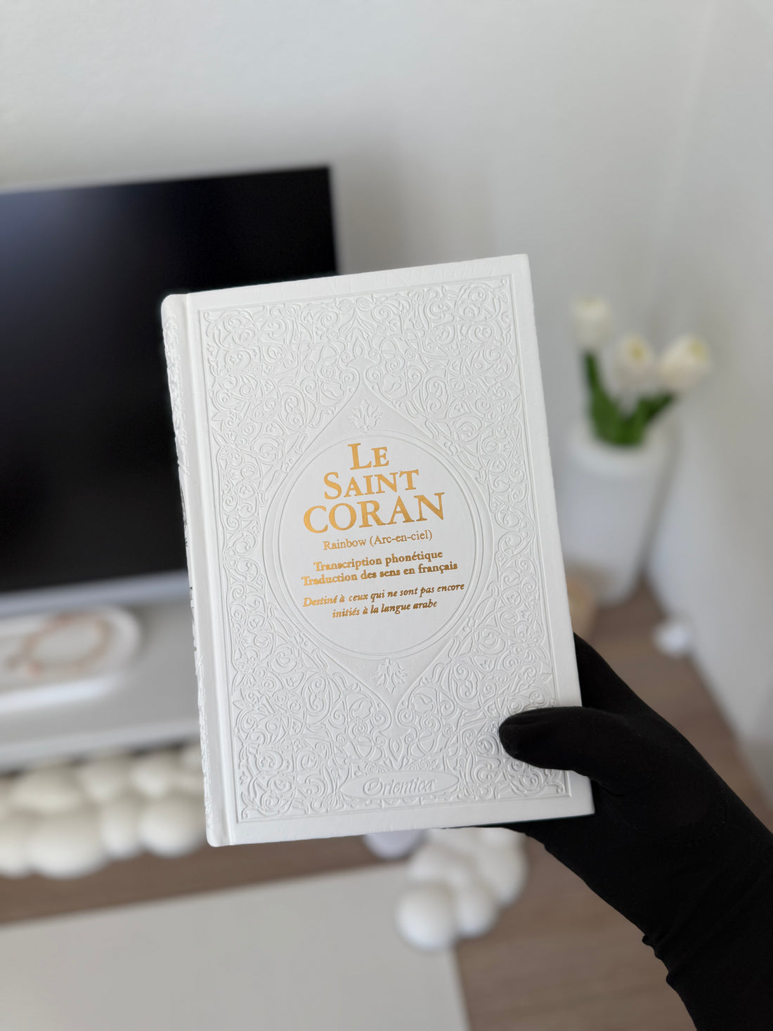 The Holy Quran Rainbow - French/Arabic with phonetic transcription - White - Deluxe Edition - White Gold Leather Cover