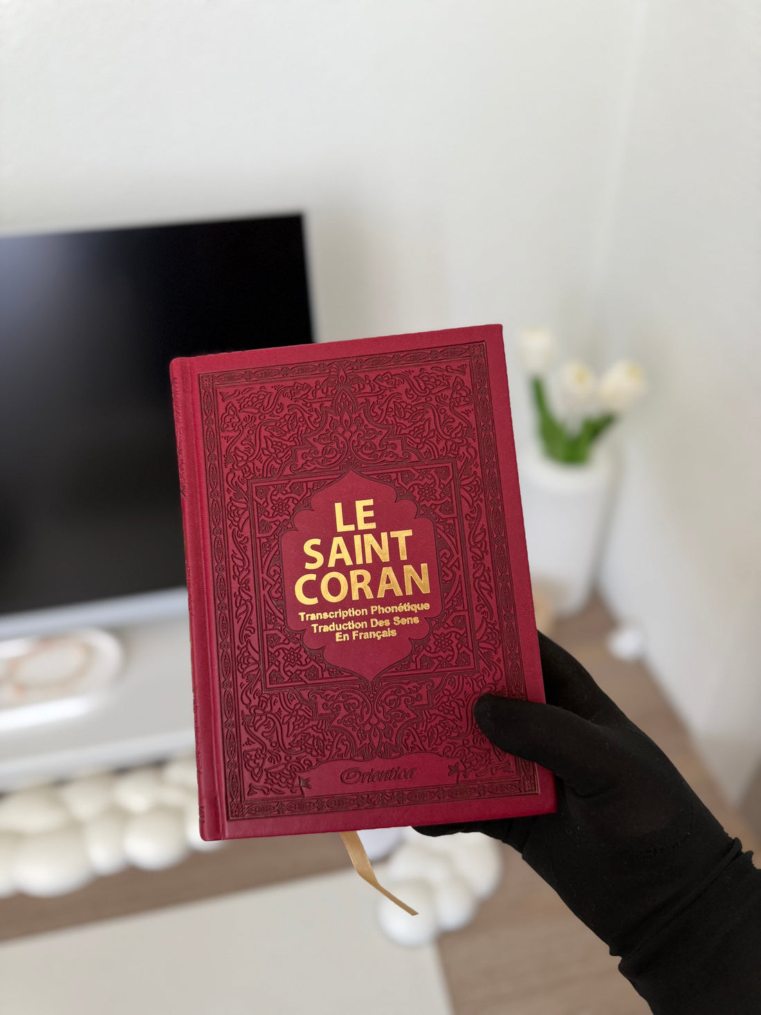 The Holy Quran - Phonetic Transcription and Translation of the Meanings into French - Deluxe Edition (Bordeaux Gold Leather Cover)